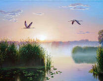 Полет журавлей над туманным озером