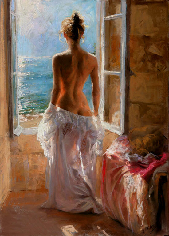 Картина по номерам 40x50 Обнаженная дама у окна с видом на море