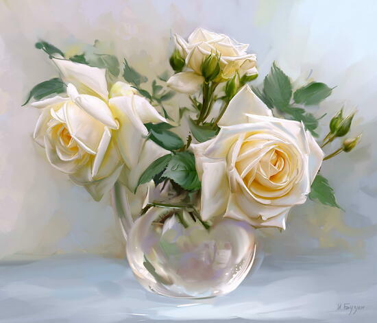 Картина по номерам 40x50 Белые бархатные розы