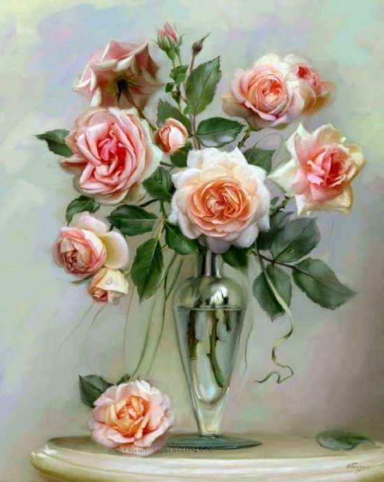 Картина по номерам 40x50 Букет роскошных роз в стеклянной вазе