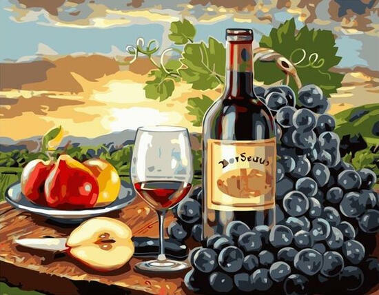 Картина по номерам 40x50 Вино и фрукты в лучах заходящего солнца