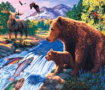 Медведи и лось у горной реки