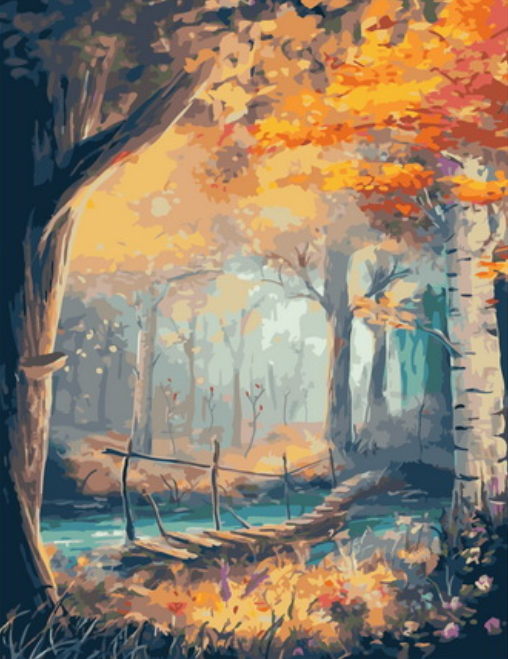 Картина по номерам 40x50 Деревянный мостик в сказочном лесу