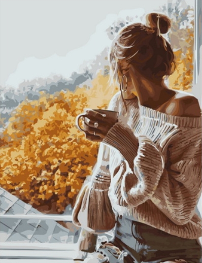 Картина по номерам 40x50 Девушка с чаем на фоне осеннего пейзажа
