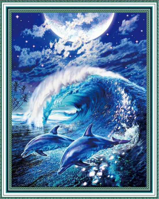 Алмазная мозаика 40x50 Дельфины в ночной волне