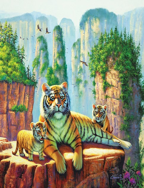 Алмазная мозаика 40x50 Тигрица с тигрятами на большой скале