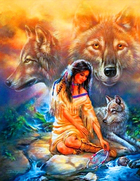 Алмазная мозаика 40x50 Девушка и серые волки