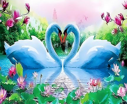 Картина по номерам 40x50 Влюбленные лебеди среди цветов