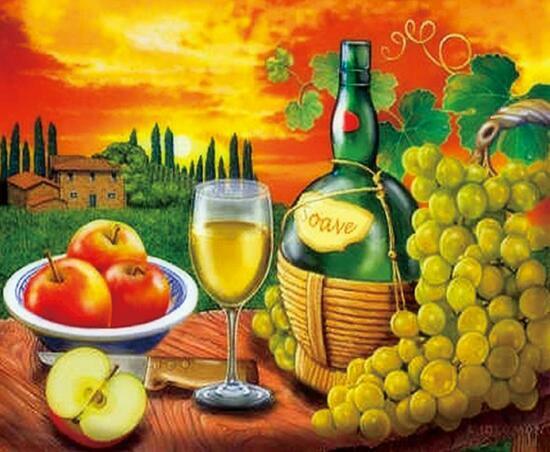 Алмазная мозаика частичная выкладка 21x25 Вино, яблоки и виноград у виноградника