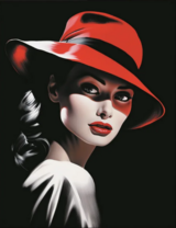 Брюнетка в красной шляпе с алой помадой