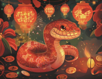 Змея и китайские фонарики на фоне праздника фонарей