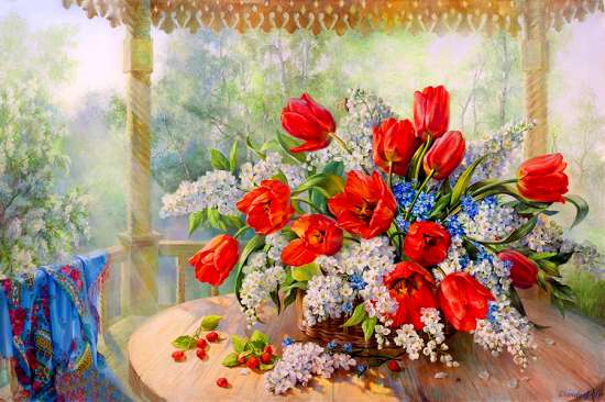 Картина по номерам 40x50 Тюльпаны, черемуха и пролески